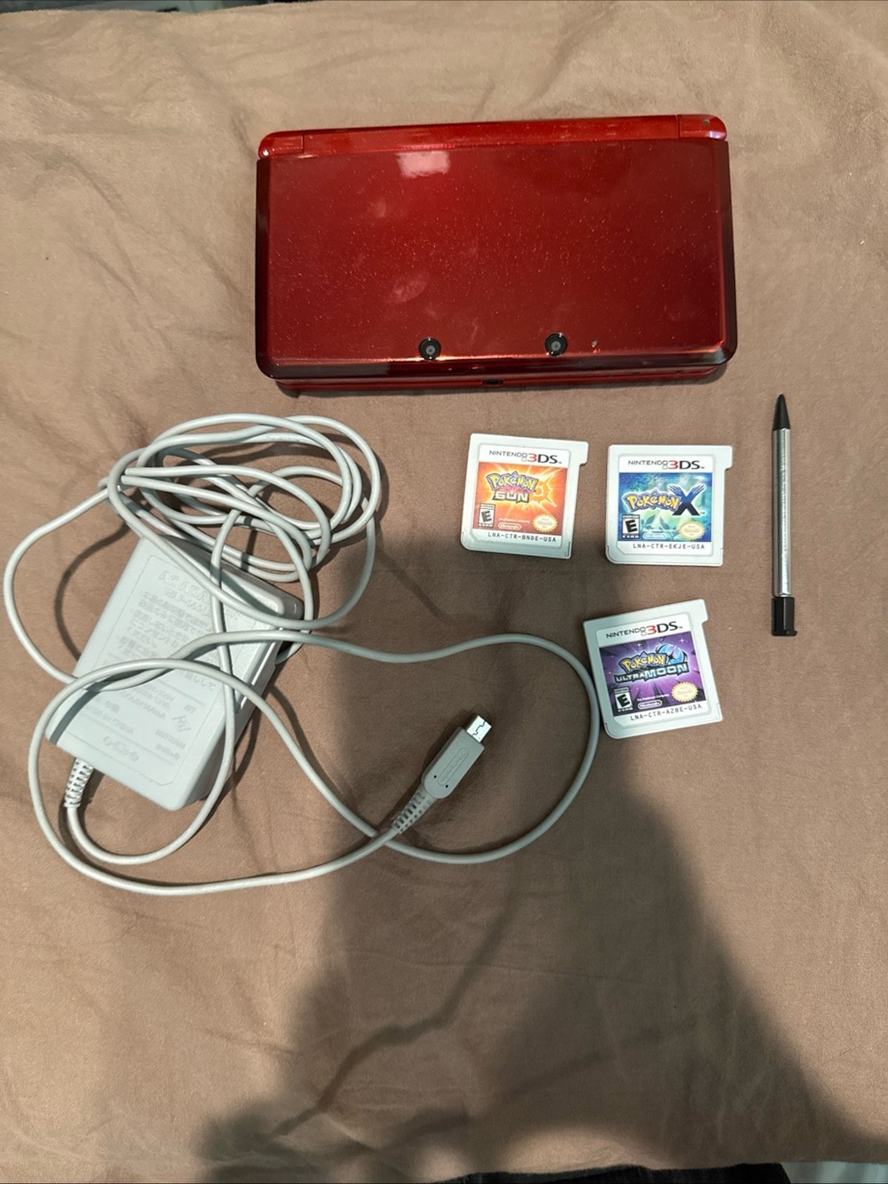 Nintendo Red 3DS with Charger, Stylus & Pokemon Games Tested Fully Functional